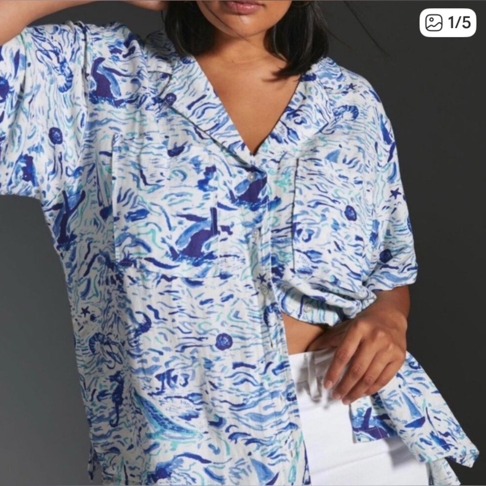 Maeve Anthropologie Ocean Surf Linen Blend Print Split Open Back Top Sailing XS